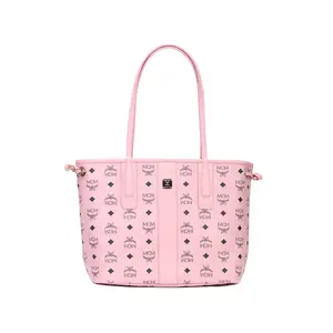 MCM Liz Logo Hook Closure Synthetic Leather Tote Shoulder Bag Small Women's Peach Pink
