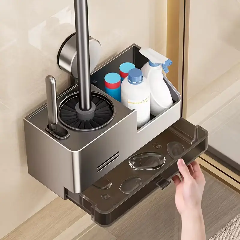 Wall-Mounted Toilet Brush & Plungers Holder - Punch-Free ABS Plastic Single Unit with Storage Drawer, Drain Tray, Multi-Compartment Shelf, Smooth Walls Cleaning Tools Organizer for Small Bathrooms