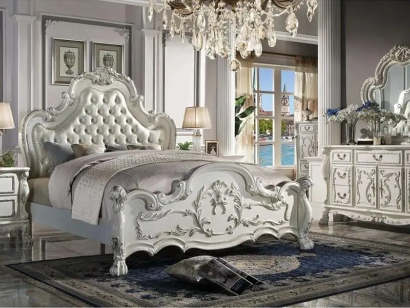 ACME Furniture 4PC Queen Size Ornate Bedroom Furniture Set (BD01682Q), Dresden Bone White Wood, Faux PU Leather Tufted Upholstery, Decorative Carvings, Dresser, Nightstand, Footboard Included