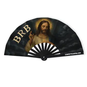 CONFETTI CARTEL JESUS BRB FAN Rave Hand Fan Unisex Decor Gift Party Disco Dance Pride Festival Accessory Fans 13" X 25" Nylon Printed with Textured Plastic Handle
