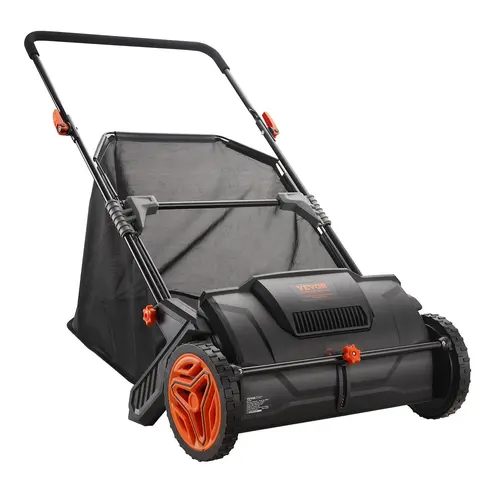 VEVOR 21-in Garden Lawn Sweeper Tool, 2 Spinning Brushes, 3.5 cu. ft. Large Non-Woven Hopper Bag, Strong Rubber Wheels, Heavy-Duty Thick Steel Build, Ergonomic Adjustable Handle, Quick Clip Design, Garage Wall Mountable, Collects Leaves & Grass Clippings