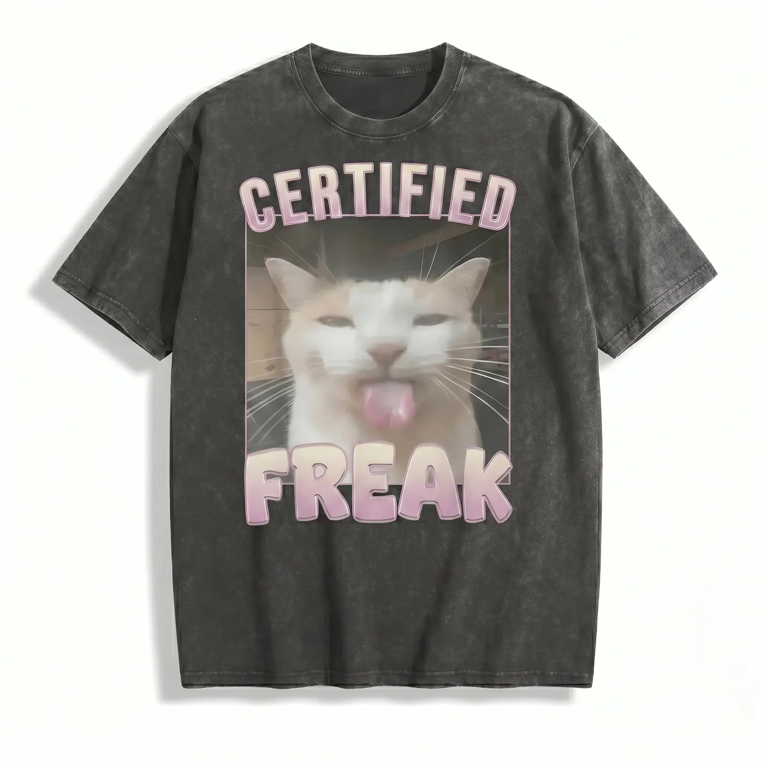 Certified Freak Funny Cat Graphic Tees Unisex Oversized Heavyweight Cotton Acid Wash Vintage Casual Letter Print Tshirt Menswear Shortsleeve