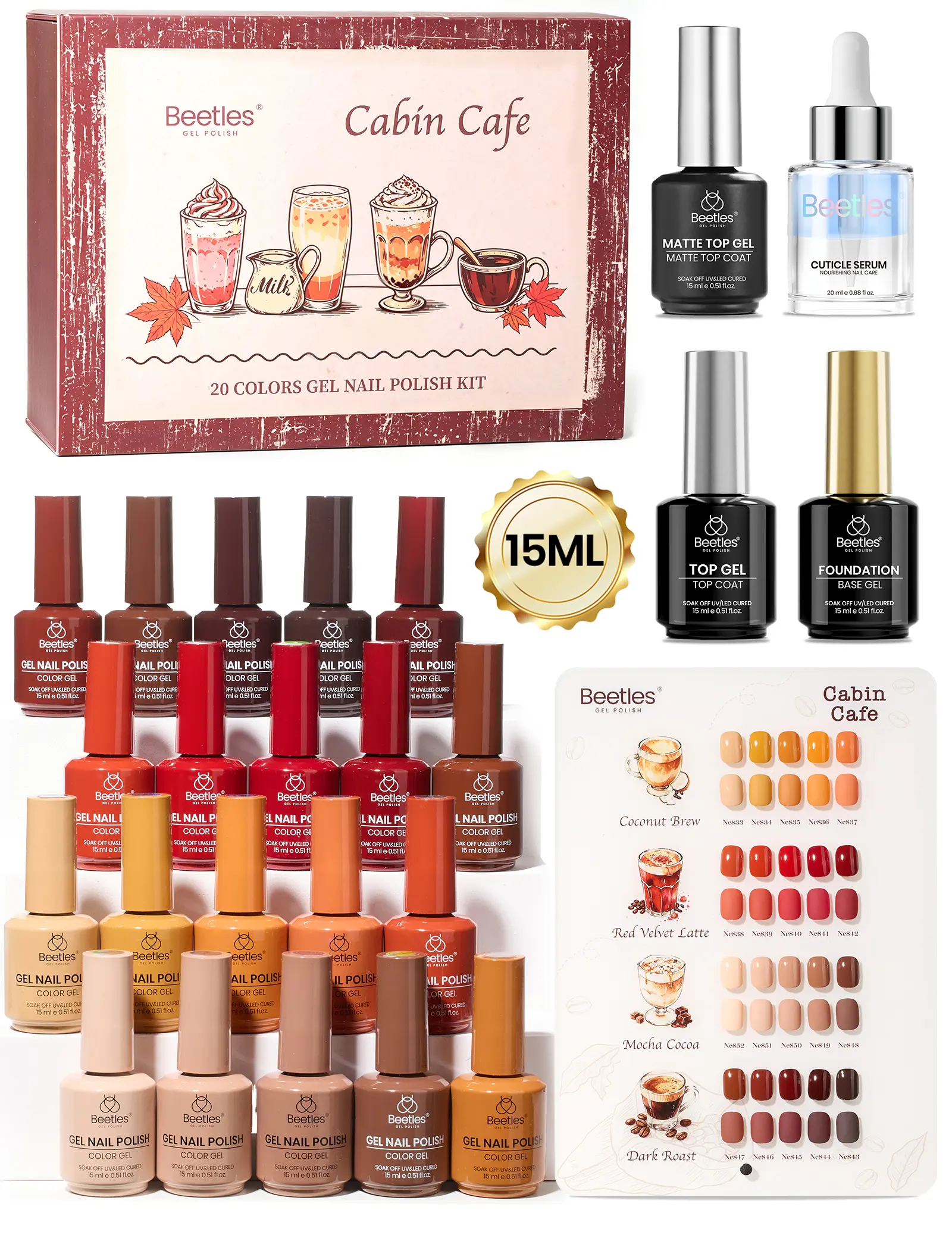 Beetles Fall Gel Nail Polish Set, 20 x 15ml Full-Size Brown Orange Red Cabin Café Collection, with Base Top Coat & Cuticle Oil, Soak-Off LED Salon DIY Nails Supplies, Gift for Women,familyfun