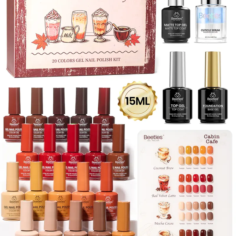 Beetles Fall Gel Nail Polish Set, 20 x 15ml Full-Size Brown Orange Red Cabin Café Collection, with Base Top Coat & Cuticle Oil, Soak-Off LED Salon DIY Nails Supplies, Gift for Women