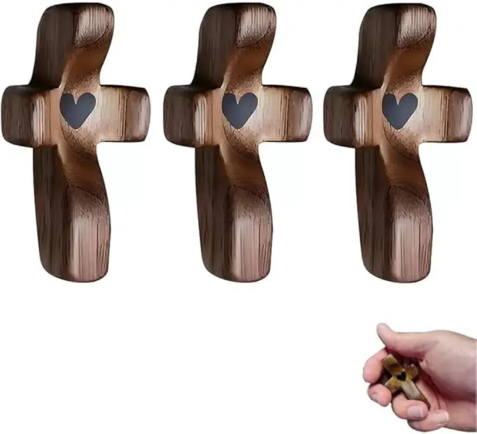 3Pcs Handheld Walnut Wood Pocket Prayer Crosses - Stress Relief, Anxiety Comfort Christian Religious Decor Gifts for Women, Men (Christmas Ready), Palm