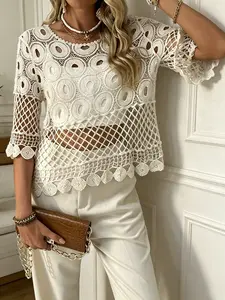 Women's French Lace Crochet Hollow Short-Sleeved Sweater - Summer Sun Protection Swimwear Cover Up