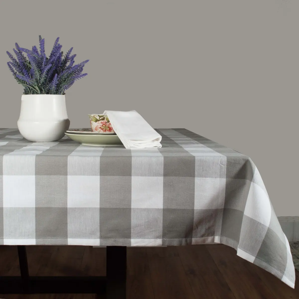 Dunroven House RK819-GY 54 in. Oversized Rustic 100% Cotton Farmhouse Checkered Square Tablecloth, Gray & White, Hemstitch Border, for Dining Room Settings