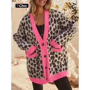 Women’s casual leopard print color-block trim button-down drop-shoulder cardigan sweater, long sleeves for spring and fall