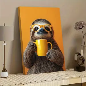 1-Piece Wood Framed Canvas Painting - Glasses-Wearing Sloth Fantasy Modern Art, High-Definition Odorless Home Wall Decor, Perfect Gift for Friends & Family