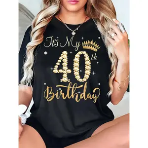 It's My 40th Birthday Women's Casual T-Shirt - Round Neck, Short Sleeve, Geometric Glitter Design, Comfortable & Breathable, Perfect for Spring, Summer, Fall, Great Gift Idea, Birthday Apparel | Festive Tshirt | Fabric