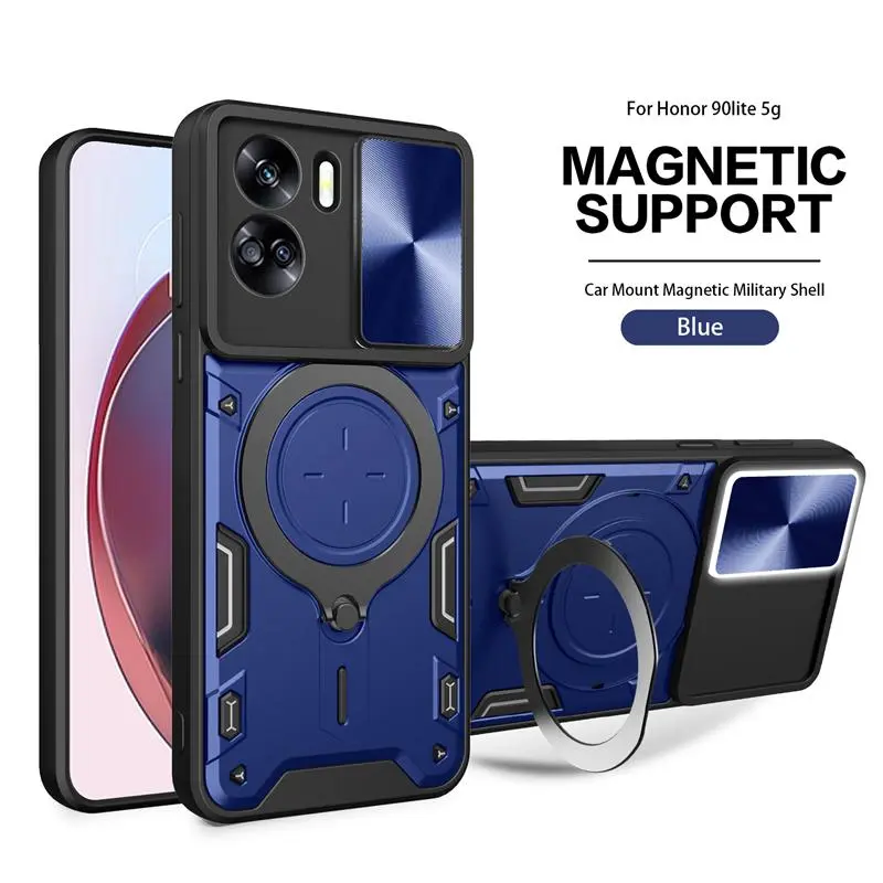 For Honor 90 Lite 5G Case Slide Camera Protect Phone Case For Honar Honer 90Lite Light 5G Magnetic Ring Holder Armor Back Cover
