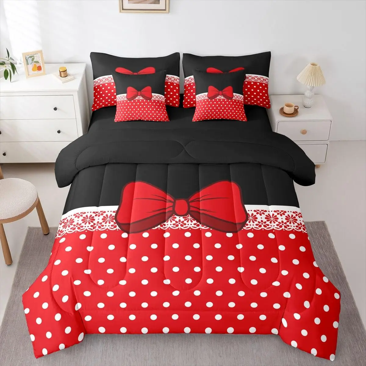 Polka Dots Red Bow Comforter Set with Sheets 7 Piece White Damask Bedding Set for Kids Boys Girls Cute Bow Bed in a Bag Kawaii Room Decor Soft Lightweight Microfiber