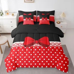 Polka Dots Red Bow Comforter Set with Sheets 7 Piece White Damask Bedding Set for Kids Boys Girls Cute Bow Bed in a Bag Kawaii Room Decor Soft Lightweight Microfiber