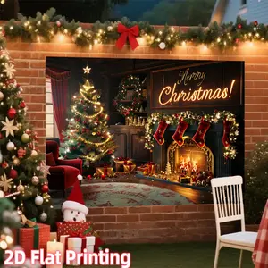 1pc Large 2D Flat Self-Lit-Like Christmas Banner - No Power Required, Durable Indoor/Outdoor Textile Decoration with Garland-Like Borders, Merry Christmas Sign, Golden Lettering - Ideal for Xmas Tree, Fireplace Backdrop
