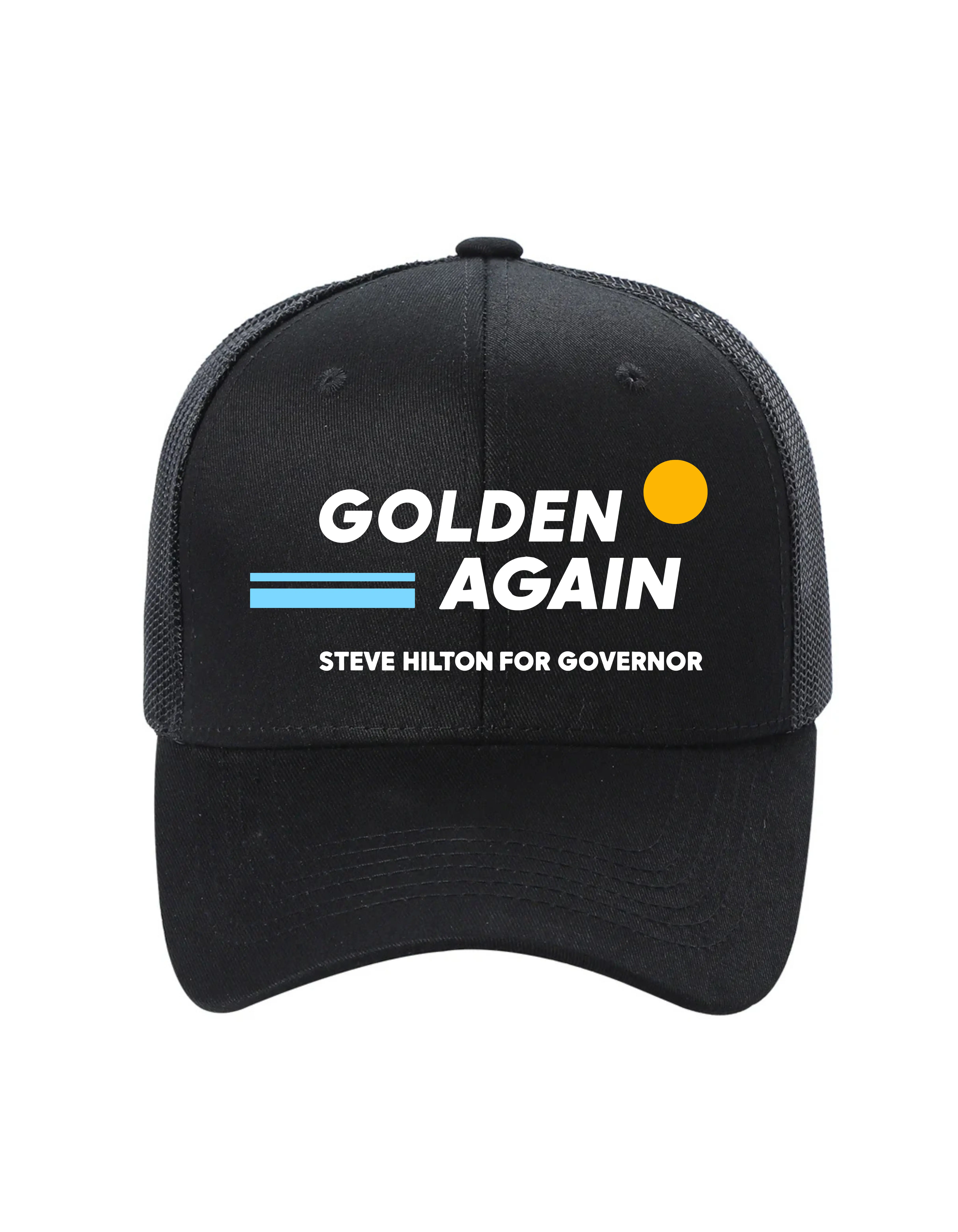 Golden Again Trucker Hat • Steve Hilton for Governor Hat • California Political Snapback • Adjustable Mesh Back Hat • Patriotic Campaign Cap