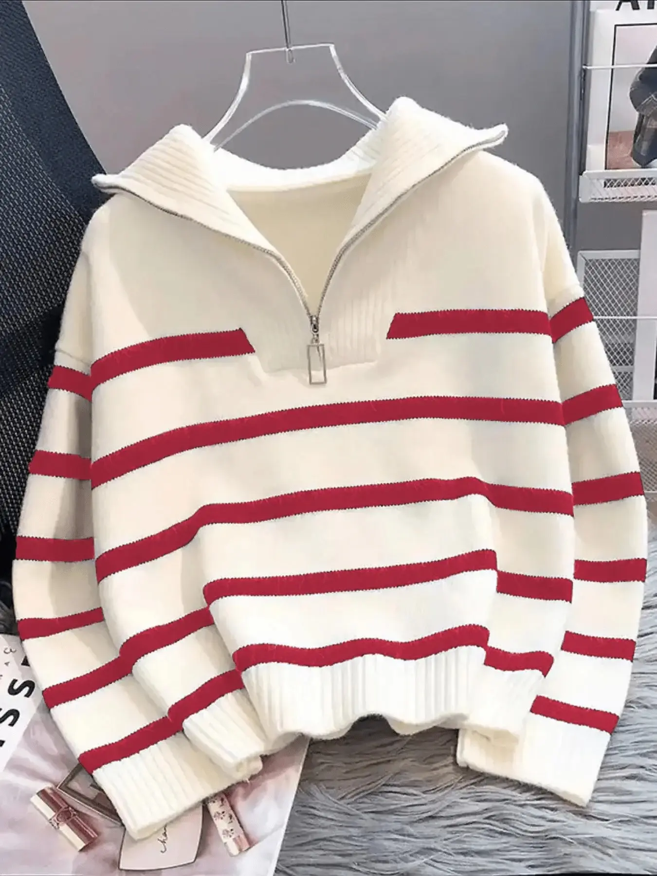 Women's Zip-Up Striped Turtleneck Sweater, Stylish Minimalist Design, Versatile For Autumn And Winter,Long Sleeve Tops