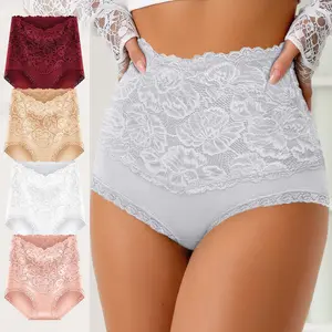 Morelect 4/6/8 Pcs Romantic Floral Lace Women's High Waist Briefs, Elegant Full Lace Lingerie, Soft Stretchy Cotton Underwear, Breathable Summer Panties