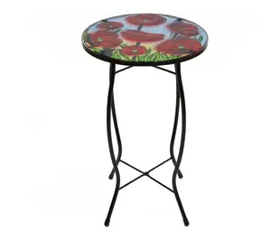 Northlight 19" Red Floral Poppies Glass Patio Side Table