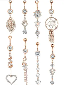 8Pcs 14G Dangle Belly Button Rings for Women Curved Navel Ring CZ Body Piercing 316L Stainless Steel Belly Button Rings Dangle Set