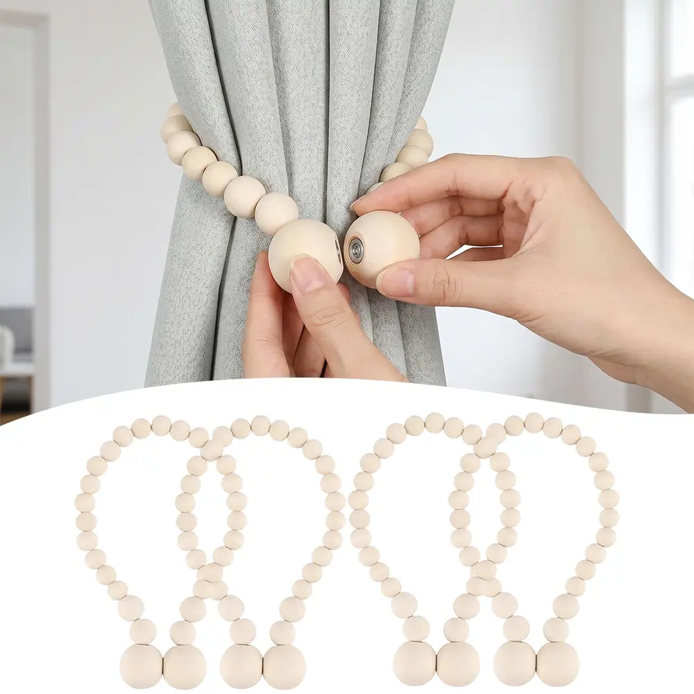 4 Packs 18.9 Inches Magnetic Curtain Tiebacks, Wood Bead Curtain Tiebacks, Curtain Holders for Boho Bedroom Decor, Farmhouse Decor