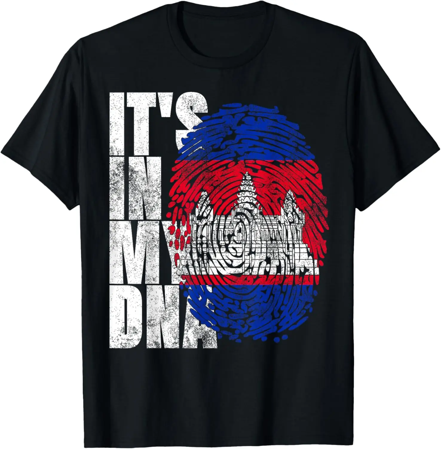 Women's 100% Cotton Vintage Short-Sleeve Round Neck Casual Distressed Graphic Tshirt, Everyday Streetwear Clothes - "It's In My DNA" Cambodian Khmer Kampuchea Flag Gifts