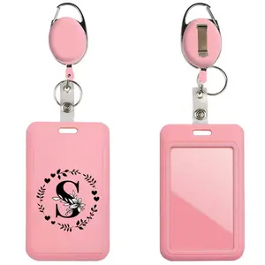 Initial Letter & Garland Pattern ID Badge Holder, Nurse Badge Reel, Badge Buddy Nursing, 1 Count Vertical Style Sliding Work Name Card Holder with Clip & Keyring, Identification Badges & Supplies