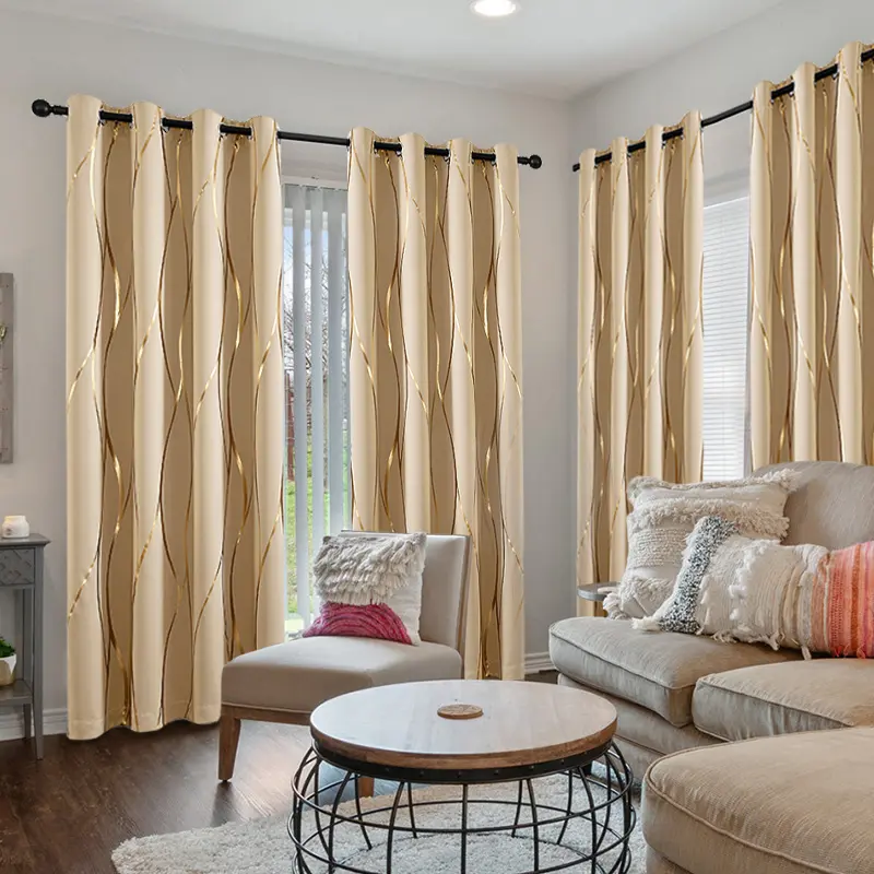 4-Piece Wavy Geometric Gold-Embossed Blackout Curtain Panels, Loop Top, Heat-Insulating, Machine Washable, Home Decorative Curtains for Bedrooms, Living Rooms, Dark Curtains Blackout