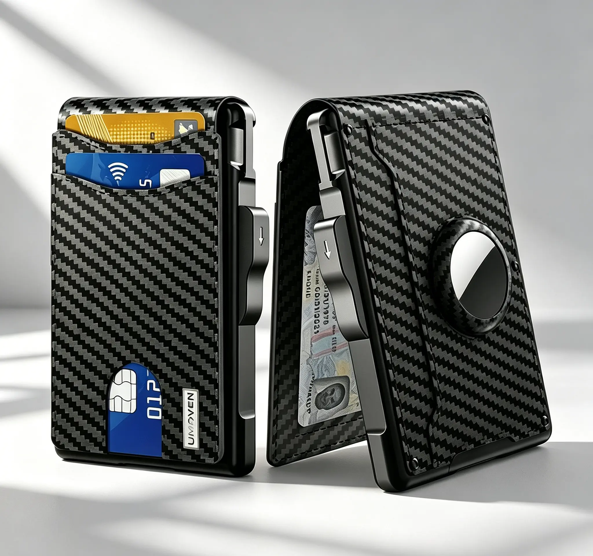 Carbon Fiber Pattern Pop Up EDC Wallet With Built-In AirTag Slot,Anti Theft RFID Blocking Slim Aluminum Card Holder,ID Window Cash Pocket Office Travel Daily Carry Accessory,Exquisite Couple Gift For Birthday Father’s Day Anniversary