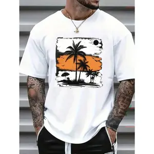 Tropical Palm Tree Sunset Beach Print White Casual Men Tee