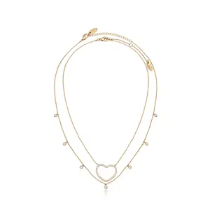 Crystal Heart Drop Necklace Set – 18K Gold Plated CZ Layered Necklaces (2-Piece), Romantic Heart Pendant Jewelry