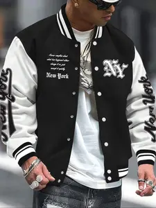 Men's Baseball Jacket Colorblock Letter Print Long Sleeve Pilot Coat, Casual Fitted Thick Fabric, Fall & Winter Fashion, Casual Fitted Jackets