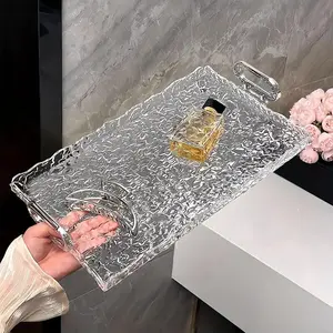 Elegant Transparent Decorative Tray with Textured Edges, Multi-Functional Storage Box, Makeup Organizer Box for Vanity Table, Desktop, Bathroom, Pet Material, Makeup Cosmetic Organizer