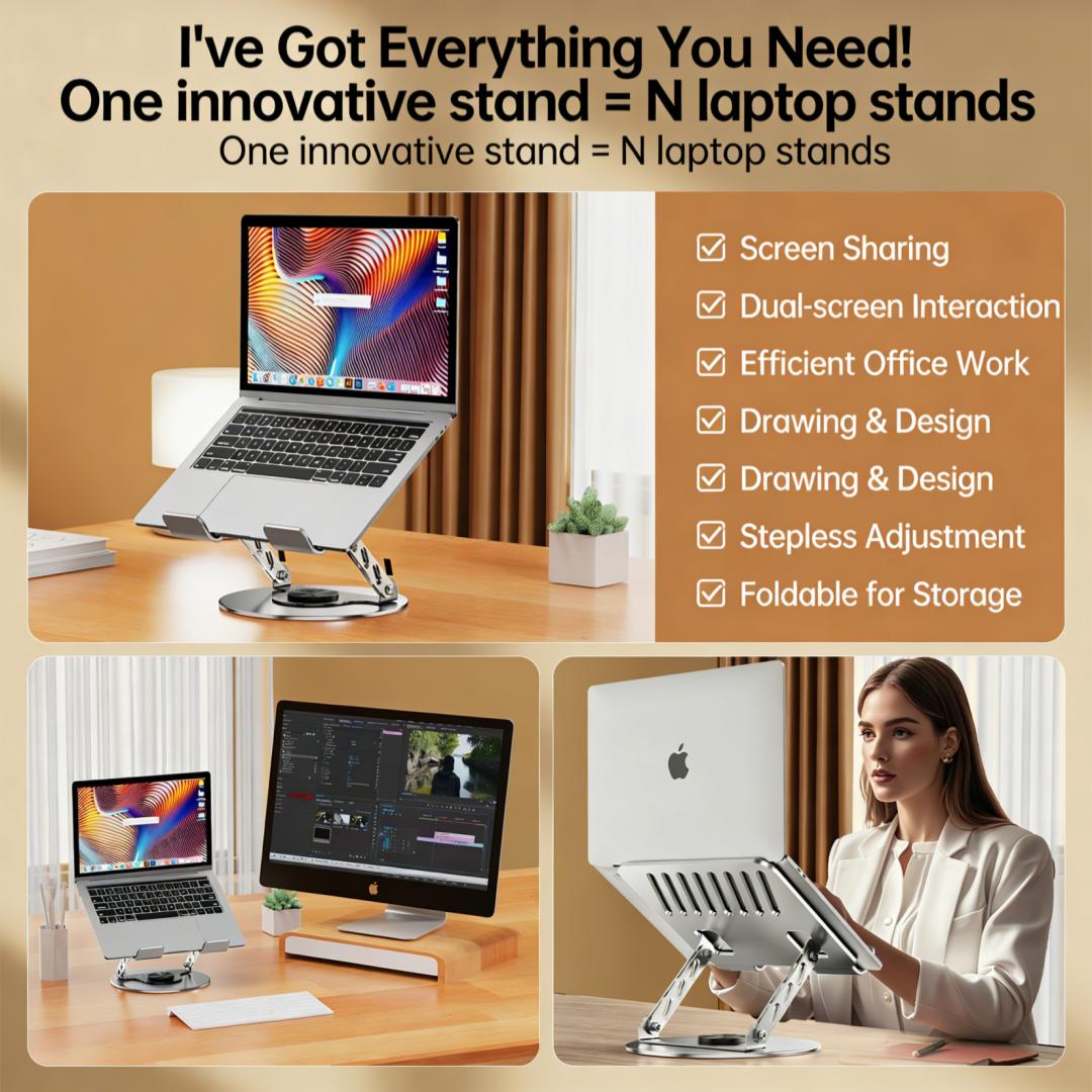 360° Rotating Laptop Stand,Height Adjustable Ergonomic Riser with Dual Support Arms,Foldable Portable Carbon Steel Desktop Holder Promotes Healthy Posture,Perfect Desk Accessory Compatible with MacBook Air/Pro,Dell XPS,HP & All 10–17.3 Inch Laptops,Silver