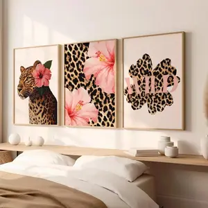 3pcs Vintage Leopard Peony Cheetah Canvas Art Poster, Hawaiian Aloha Animal Wall Decor, Unframed Home Decoration