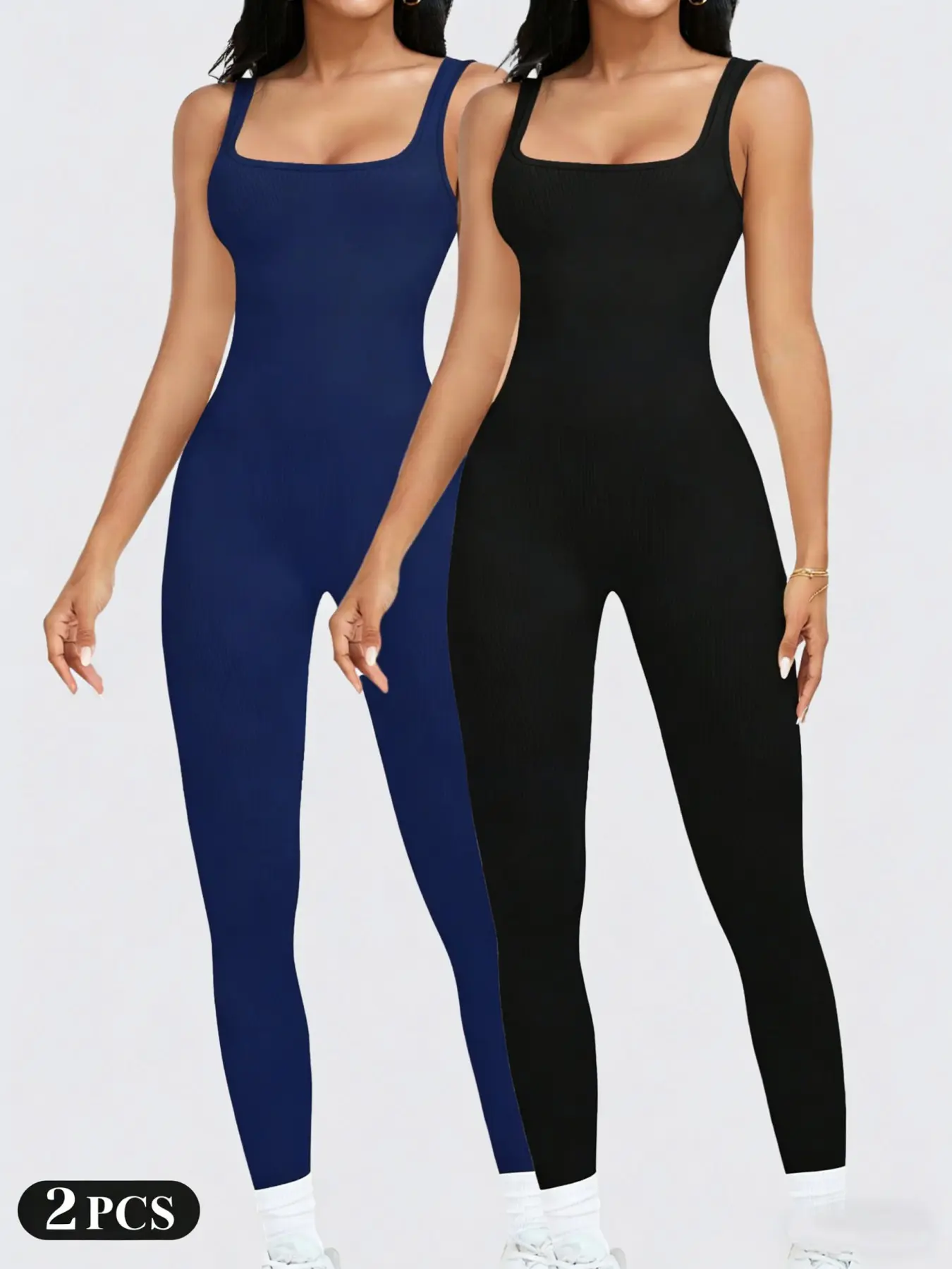 2 Pcs Womens Workout Rompers Jumpsuits Seamless Ribbed Yoga Gym One Piece Sleeveless Square Neck Tank Top Leggings Unitard Stylish Stretchy Seamless Activewear Stretch Jumpsuit