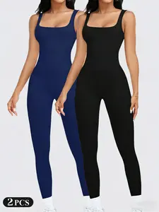 2 Pcs Womens Workout Rompers Jumpsuits Seamless Ribbed Yoga Gym One Piece Sleeveless Square Neck Tank Top Leggings Unitard Stylish Activewear