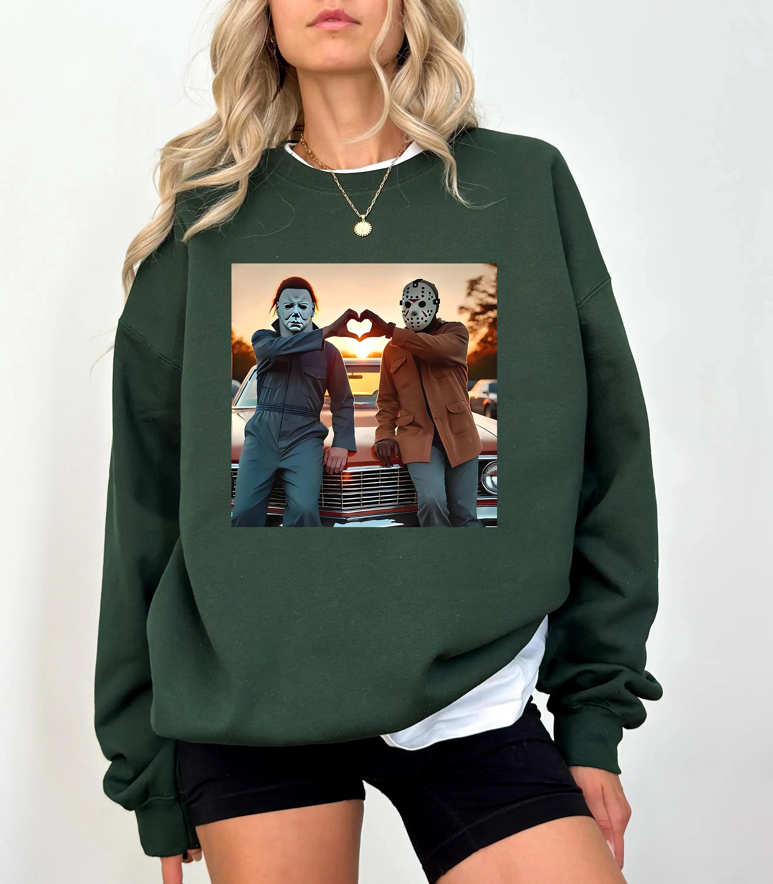 Retro 90s Michael Myers and Jason Voorheese Heart Hands Sweatshirt, Horror Movies Characters Sweatshirt, Halloween Gifts, Horror Lover Gift, Scary Movie Shirt, Funny Halloween Shirt, Just Waiting for Halloween