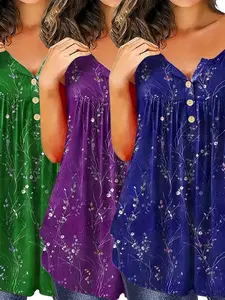 Women's Fashion Spring Summer Open Button Floral Print Top, Casual Loose-Fitting Sleeveless Vest, Daily Wear Plant Pattern Aesthetic Tee