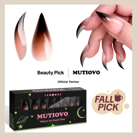 MUTIOVO Halloween Reusable Press on Nails Cat Claw Short Curved Stiletto - Black Ombre Pink Shade 3D Fake Nails with Built-in Apex, 16 Sizes, Jelly Adhesive Tabs & Nail File for Cosplay(No Liquid Glue)