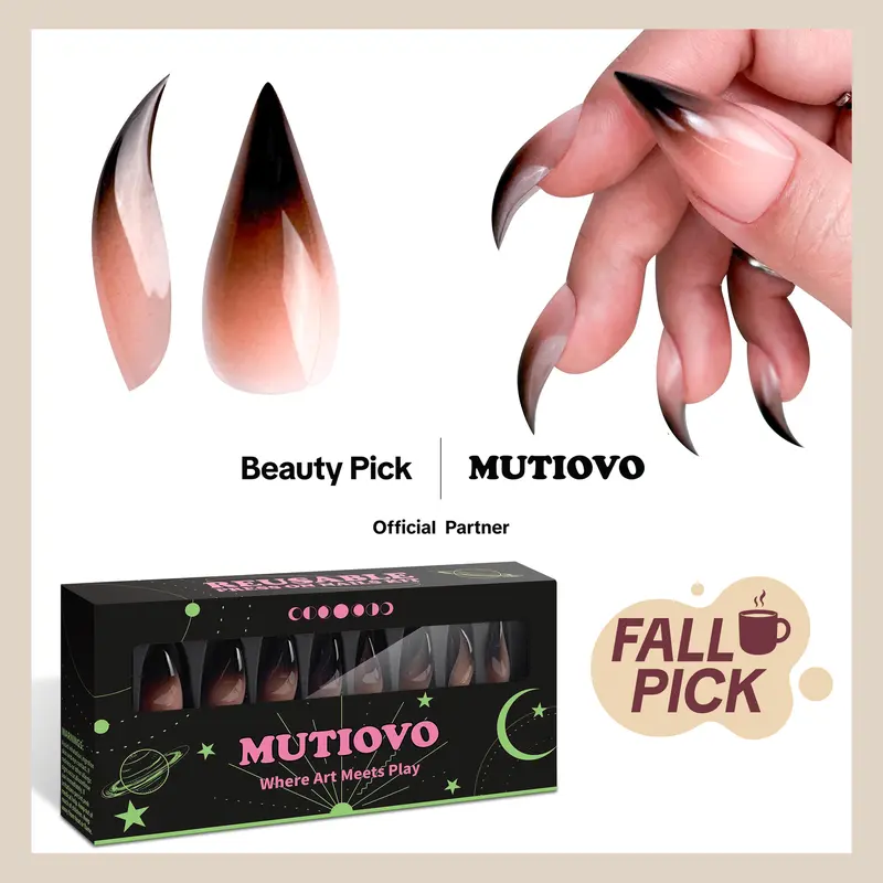 MUTIOVO Halloween Reusable Press on Nails Cat Claw Short Curved Stiletto - Black Ombre Pink Shade 3D Fake Nails with Built-in Apex, 16 Sizes, Jelly Adhesive Tabs & Nail File for Cosplay(No Liquid Glue)