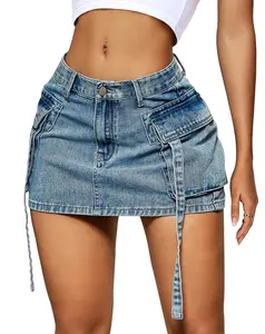 IWD WM2005 Women's Low-Rise Button-Up Denim Cargo Skirt - Y2K Style Mini Skirt with Flap Pockets, Summer Casual
