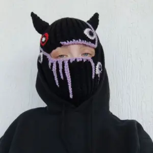 Halloween Party Funny Style Horn Hat Mask Integrated Woolen Cap Warm Knitted Hat Accessories mens  hats