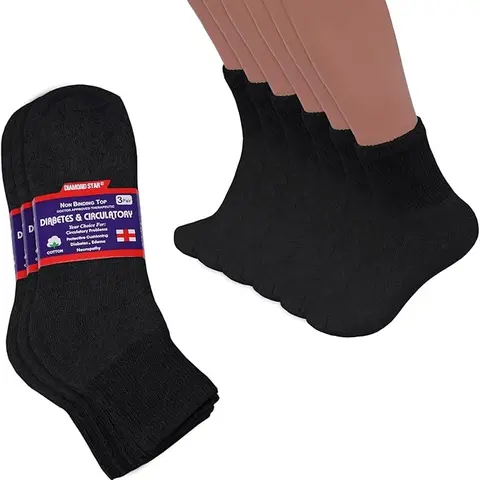 DIAMOND STAR Men's Diabetic Ankle Socks - Doctor Approved, Non-Binding, Circulatory, Super Stretch Knit, Soft Cushion Cotton-Polyester, Proper Fit Quarter Socks, 3-Pack, Size 10-13, Black Loose, Edema Relief, Foot Pain Relief, Leg Care, Workwear Friendly,