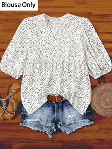 Plus Size Women's Polka Dot Bubble Sleeve Top, Loose Fit V Neck Waist Cinched Blouse Shirt, European Style Casual Commuter Outerwear Summer