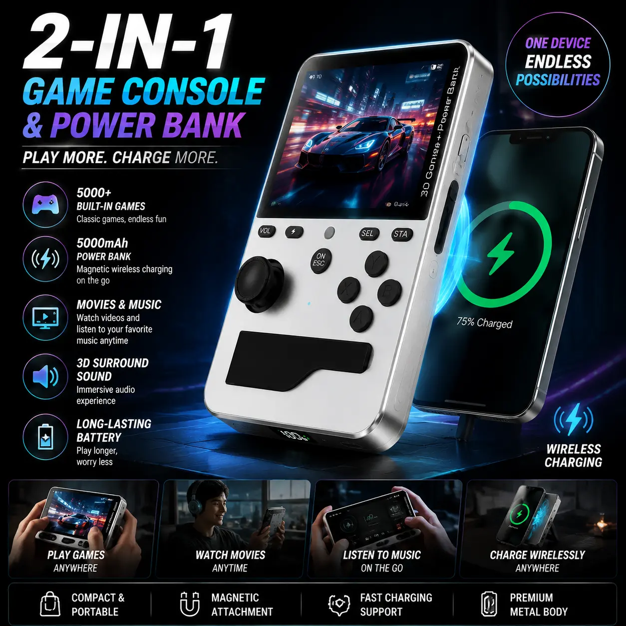 M9 Magnetic Charging Power Bank Handheld Console—2-in-1 Power Bank and Gaming Console   5,000 mAh, Includes Portable Charging Cable, 15W Wireless Charging via Type-C, Comes with Phone Stand