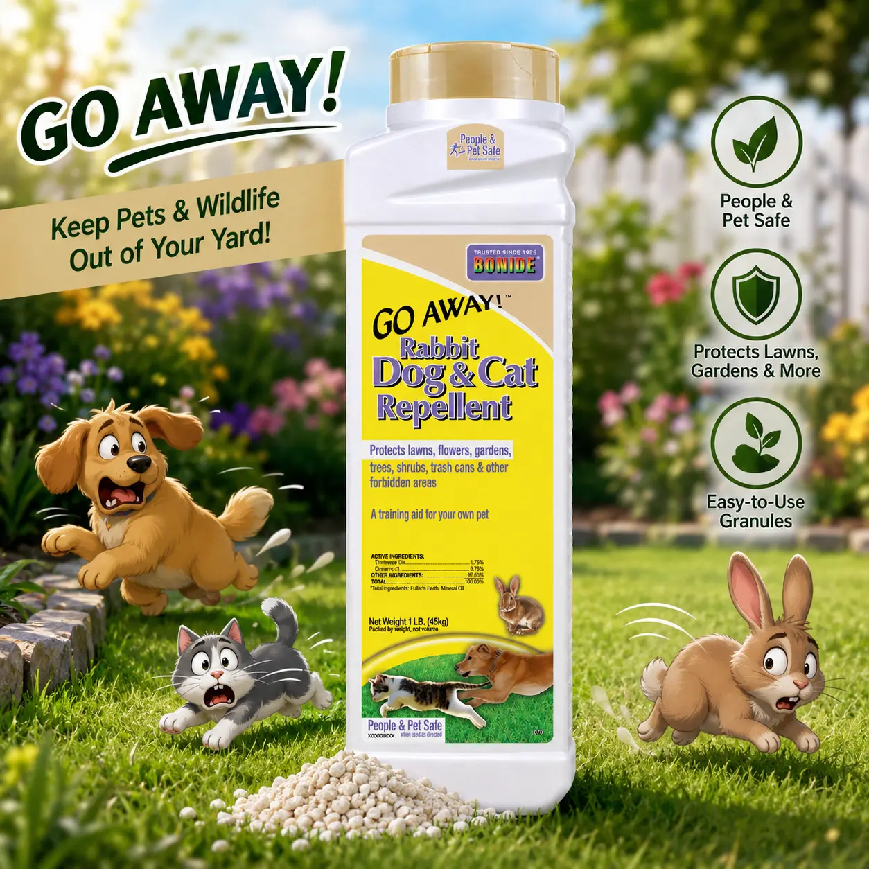 Bonide Go Away! Animal Repellent Granules, 1 lb Ready-to-Use Natural Deterrent for Gardeners, Keeps Rabbits, Dogs, Cats, Squirrels, Deer Off Lawn, Garden, Mulch Beds