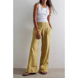 Womens Denim Pull-On Jeans Pockets High Waisted Baggy Straight Leg Stretchy Full Length Trousers