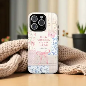 Floral patchwork bow patchwork prayer pattern, durable, shock-absorbing, glossy 2-in-1 phone case, compatible with iPhone 17, 16, 15, 14, 13, 12, 11, X, Samsung and other models. Makes a great holiday gift for friends or family.