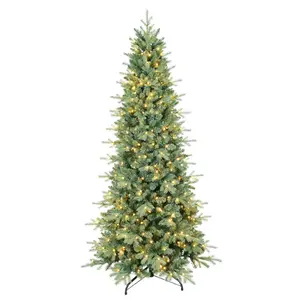 7.5 FT Prelit Artificial Skinny Christmas Tree,Blue Spruce Slim Pencil Xmas Tree with 1552 PE&PVC Mixed Branch Tips and 400 UL Listed Clear Lights,Hinged Pine Tree with Metal Stand for Home Office Décor