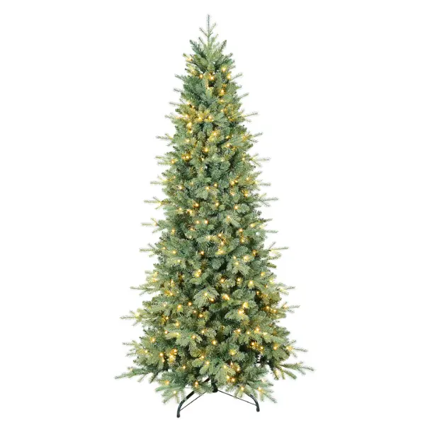 ClouFairy 5ft/6ft/7ft/7.5ft/8ft/9ft Prelit Artificial Skinny Christmas Tree,Blue Spruce Slim Pencil Xmas Tree with  PE&PVC Mixed Branch Tips and UL Listed Clear Lights,Hinged Pine Tree with Metal Stand for Home Office Décor